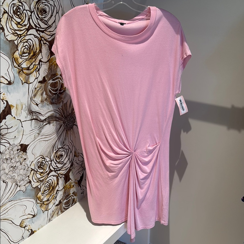 Monrow Pink Asymmetrical Ruched Cap Sleeve Tee